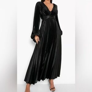 SATIN PLEATED BLOUSON SLEEVE MIDI DRESS US 14